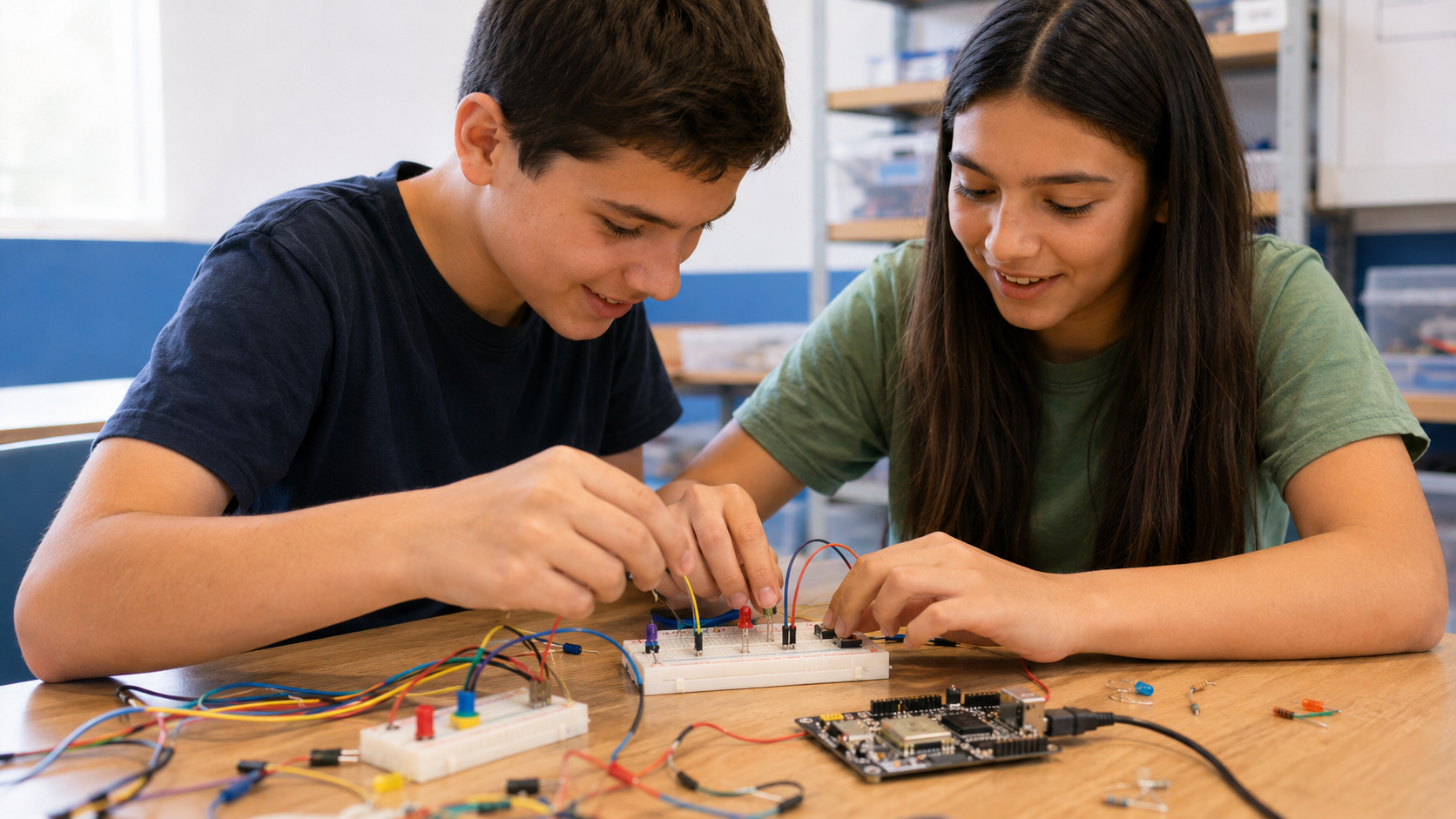 Participantes aprendiendo electrónica con componentes y protoboard