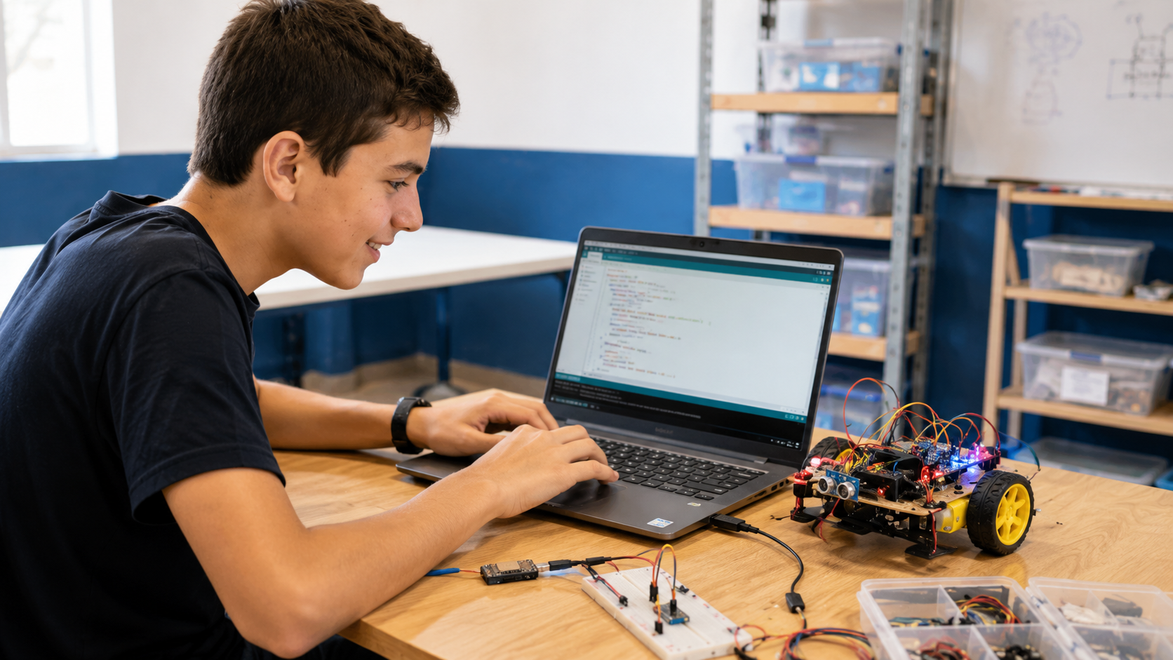 Participante programando un robot desde una computadora