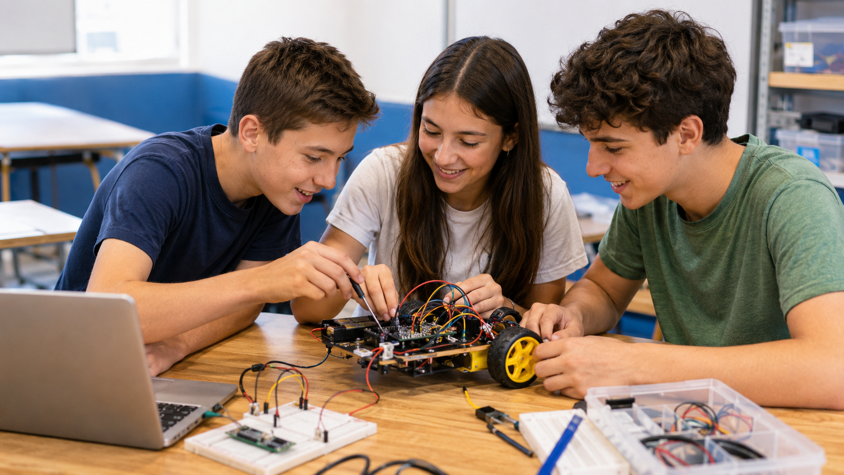 Jóvenes construyendo un carrito robótico