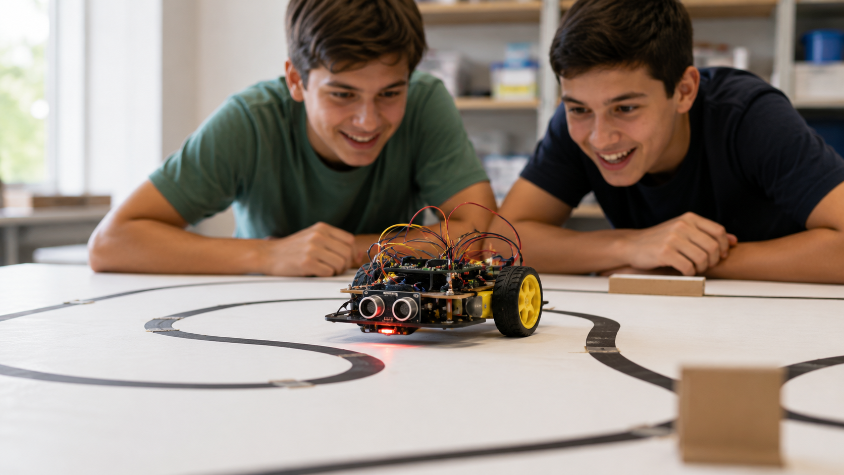 Robot participando en un circuito de seguimiento de línea