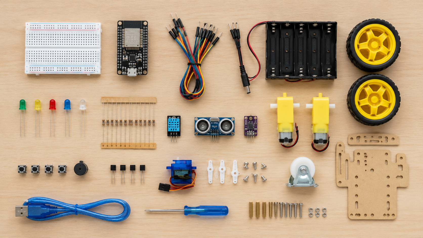 Kit de robótica con componentes electrónicos y piezas para un carrito