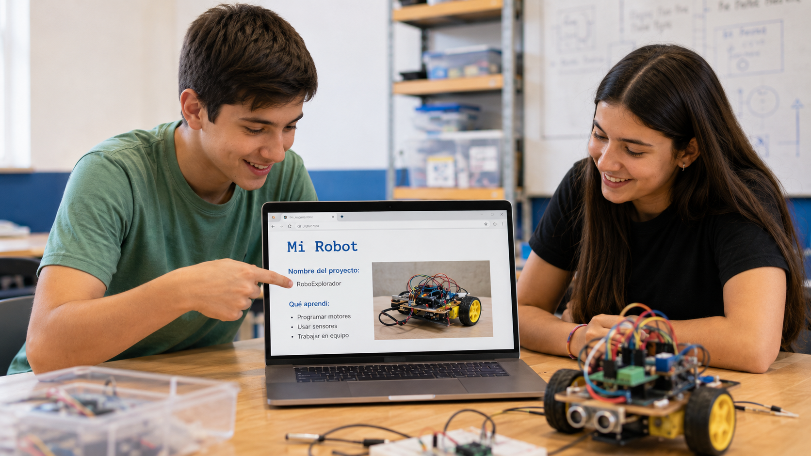 Jóvenes mostrando la página de presentación de su proyecto robótico