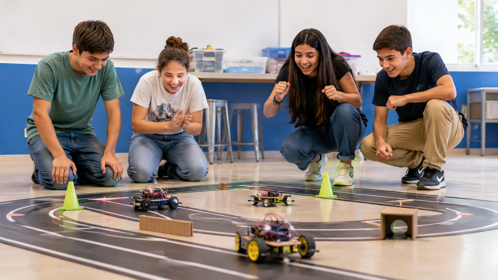 Jóvenes participando en una competencia de robots